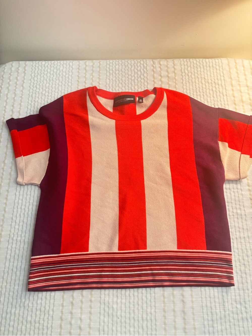 Belle & Union Red, Cream & Purple Striped Short-Sleeve Crewneck Sweater